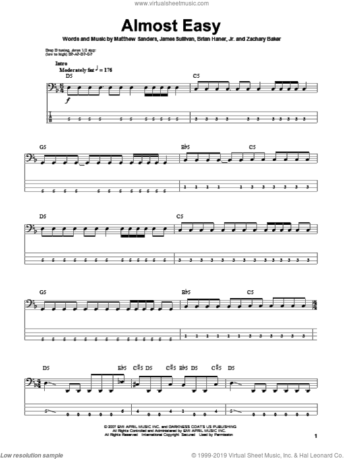 Almost Easy sheet music for bass (tablature) (bass guitar) by Avenged Sevenfold, Brian Haner, Jr., James Sullivan, Matthew Sanders and Zachary Baker, intermediate skill level
