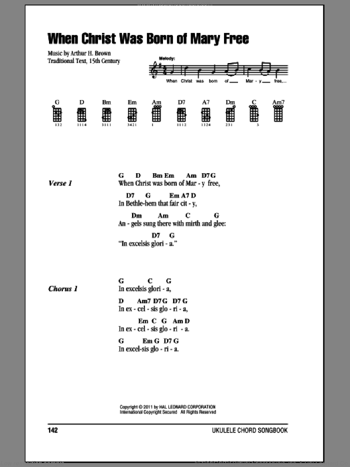 When Christ Was Born Of Mary Free sheet music for ukulele (chords) by Arthur H. Brown, intermediate skill level