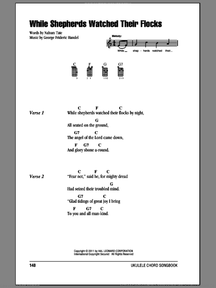 While Shepherds Watched Their Flocks sheet music for ukulele (chords) by George Frideric Handel, Miscellaneous and Nahum Tate, intermediate skill level
