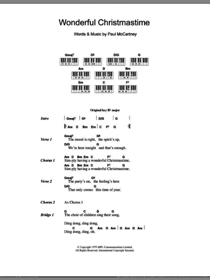 Wonderful Christmastime sheet music for piano solo (chords, lyrics, melody) by Paul McCartney, intermediate piano (chords, lyrics, melody)