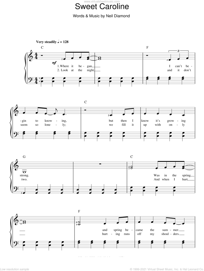 Sweet Caroline sheet music for voice and piano by Neil Diamond, intermediate skill level