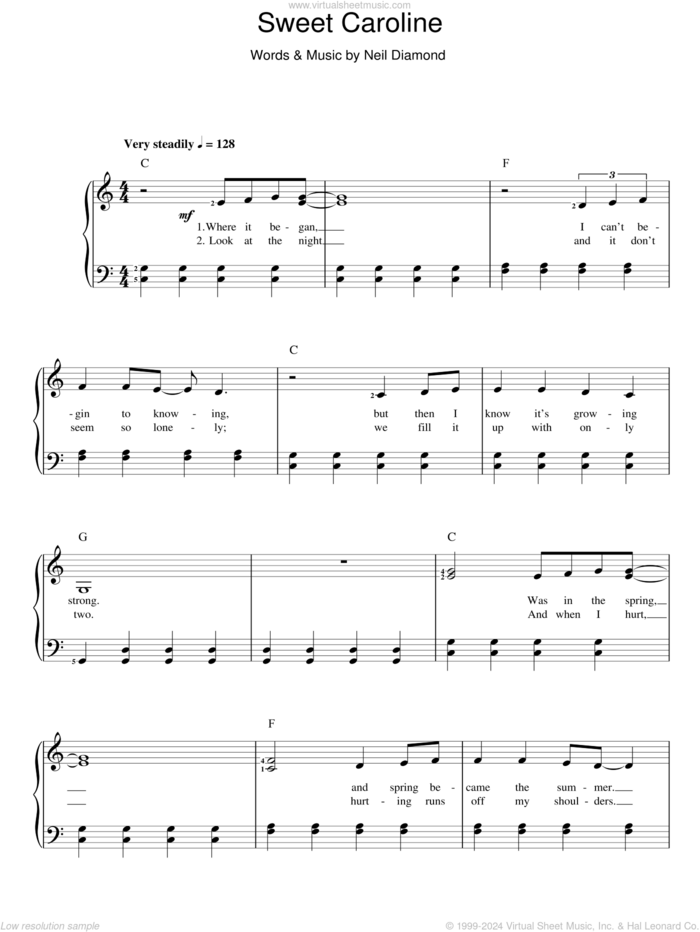 Sweet Caroline sheet music for voice and piano by Neil Diamond, intermediate skill level