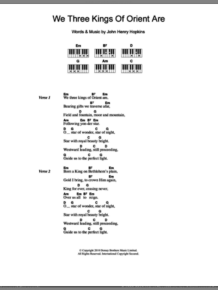 We Three Kings Of Orient Are sheet music for piano solo (chords, lyrics, melody) by John H. Hopkins, Jr., intermediate piano (chords, lyrics, melody)