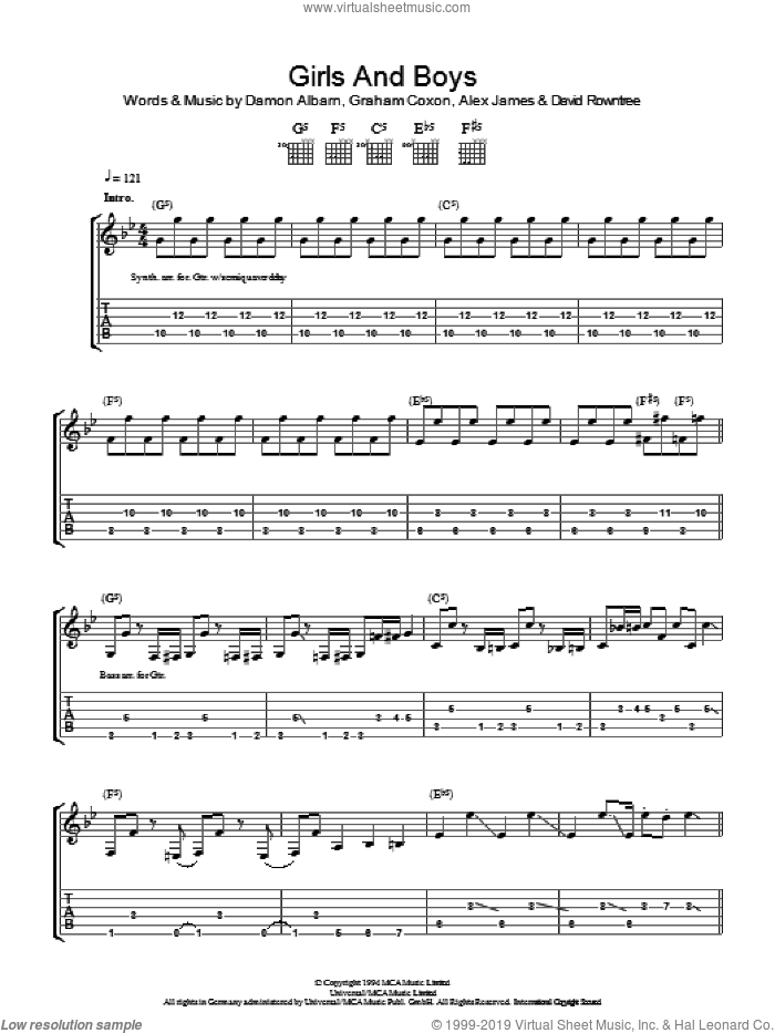 Girls And Boys sheet music for guitar (tablature) by Blur, Alex James, Damon Albarn, David Rowntree and Graham Coxon, intermediate skill level