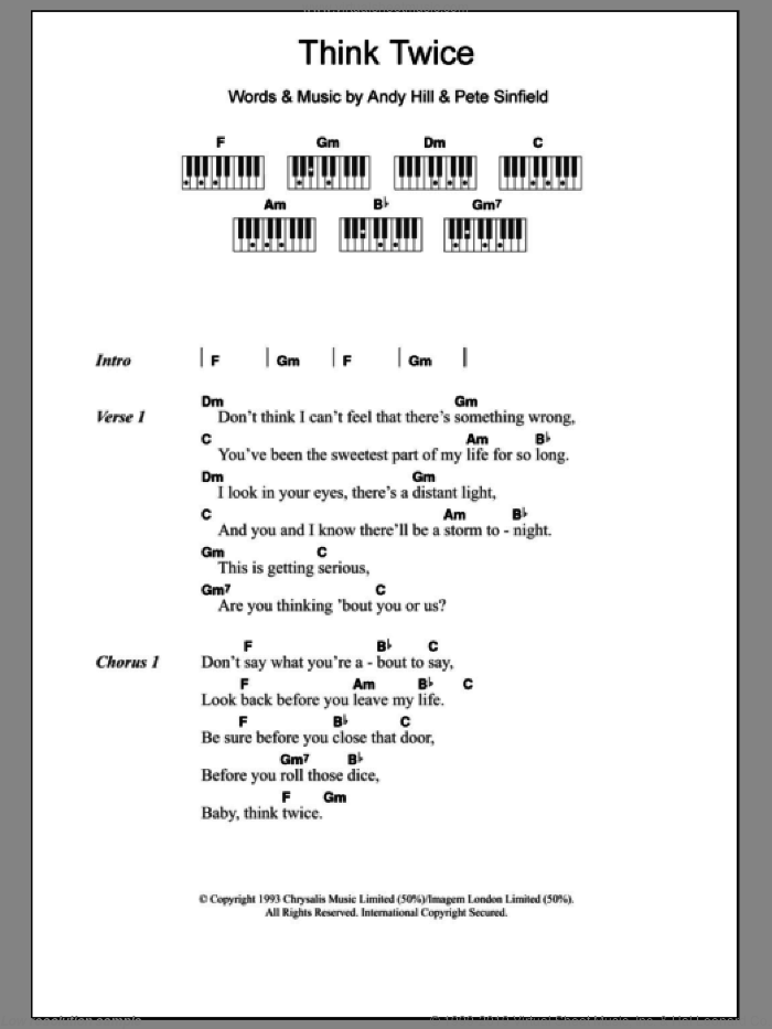 Think Twice sheet music for piano solo (chords, lyrics, melody) by Celine Dion, Andy Hill and Pete Sinfield, intermediate piano (chords, lyrics, melody)