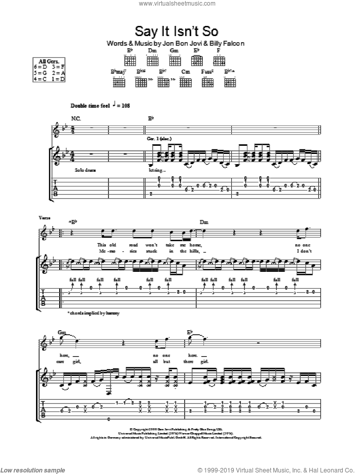 Say It Isn't So sheet music for guitar (tablature) by Bon Jovi and Billy Falcon, intermediate skill level
