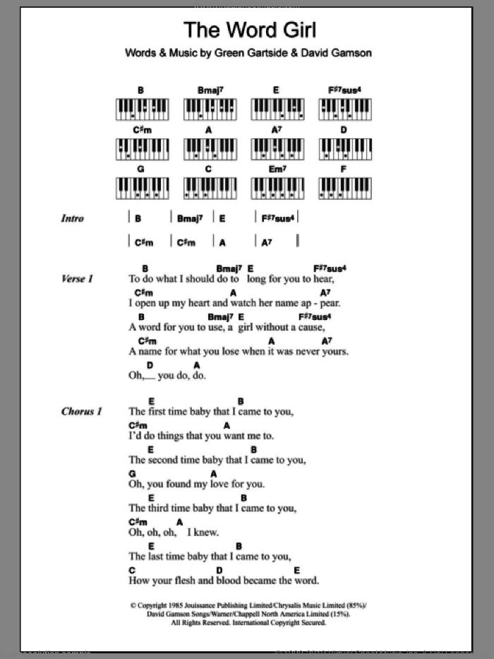 The Word Girl sheet music for piano solo (chords, lyrics, melody) by Scritti Politti, David Gamson and Green Gartside, intermediate piano (chords, lyrics, melody)