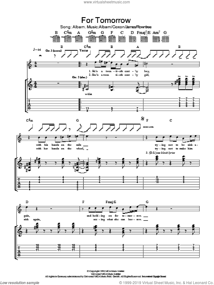 For Tomorrow sheet music for guitar (tablature) by Blur, Alex James, Damon Albarn, David Rowntree and Graham Coxon, intermediate skill level