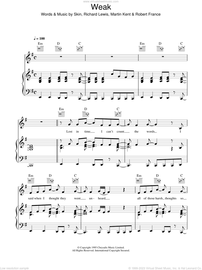 Weak sheet music for voice, piano or guitar by Skunk Anansie, Martin Kent, Richard Lewis, Robert France and Skin, intermediate skill level