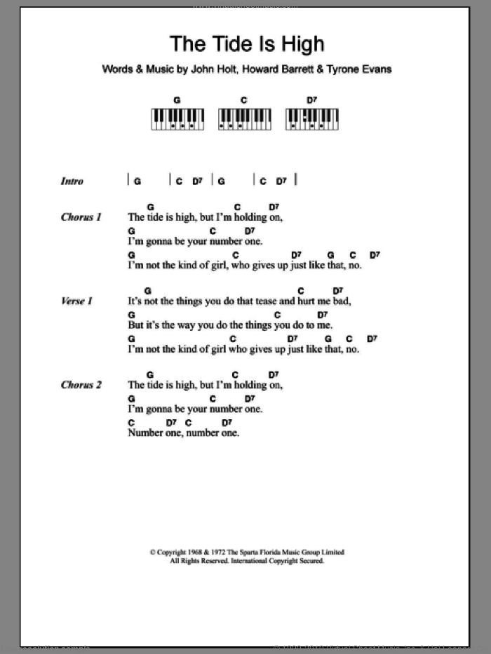 The Tide Is High sheet music for piano solo (chords, lyrics, melody) by Blondie, Howard Barrett, John Holt and Tyrone Evans, intermediate piano (chords, lyrics, melody)