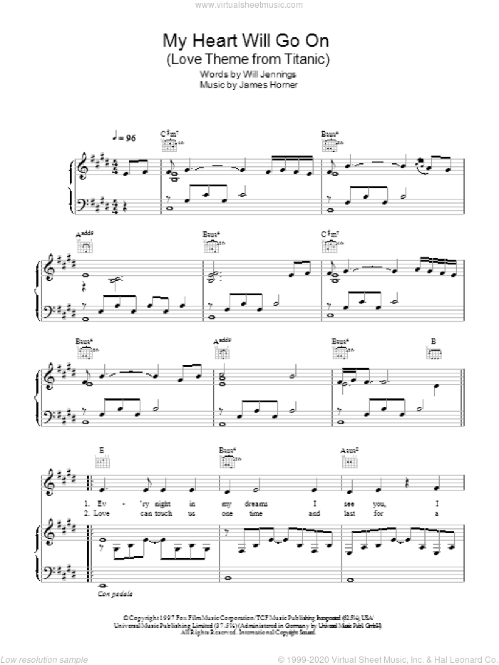 My Heart Will Go On (Love Theme from Titanic) sheet music for voice, piano or guitar by Celine Dion, James Horner and Will Jennings, wedding score, intermediate skill level