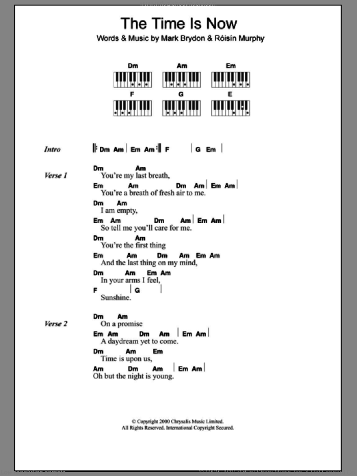 The Time Is Now sheet music for piano solo (chords, lyrics, melody) by Moloko, Mark Brydon and Roisin Murphy, intermediate piano (chords, lyrics, melody)
