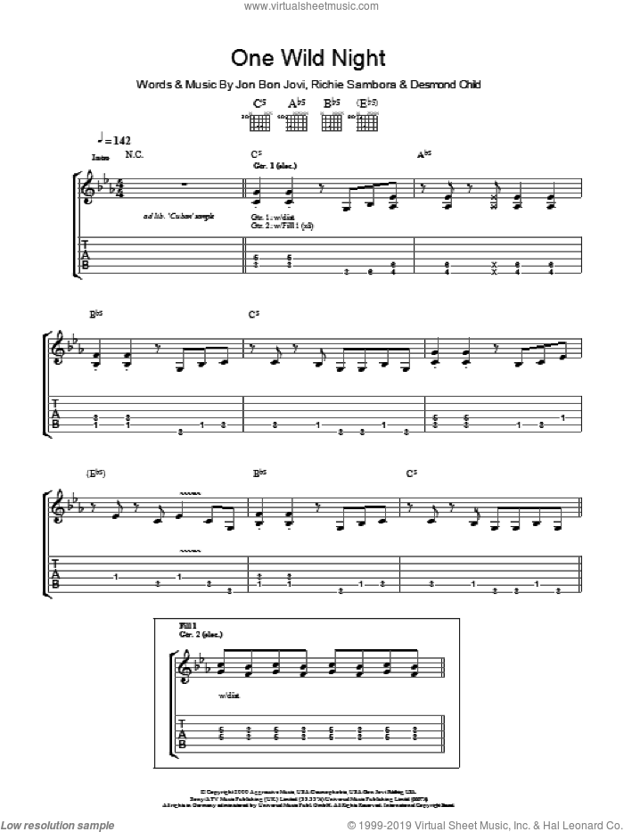 One Wild Night sheet music for guitar (tablature) by Bon Jovi, Desmond Child and Richie Sambora, intermediate skill level
