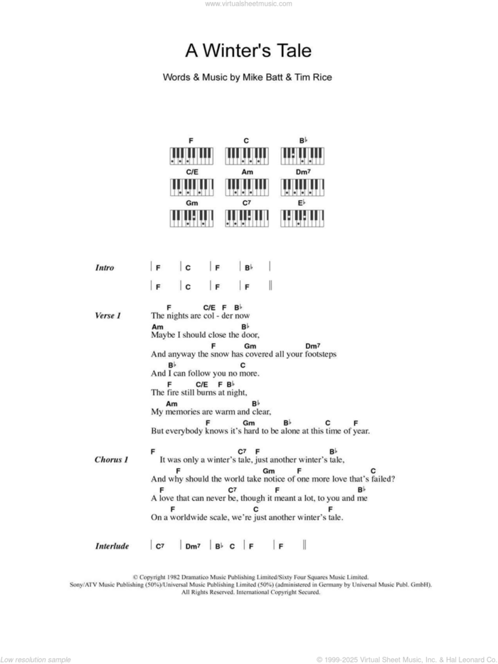 A Winter's Tale sheet music for piano solo (chords, lyrics, melody) by David Essex, Mike Batt and Tim Rice, intermediate piano (chords, lyrics, melody)