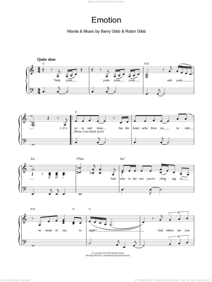 Emotion sheet music for piano solo by Destiny's Child, Barry Gibb and Robin Gibb, easy skill level
