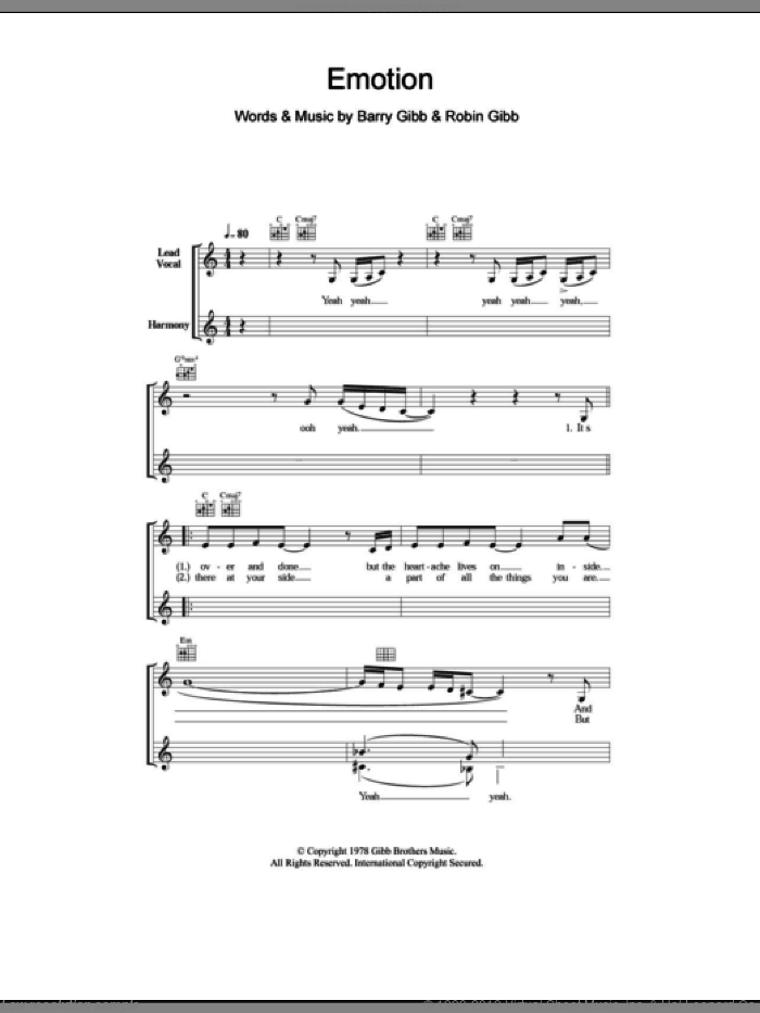 Emotion sheet music for voice and other instruments (fake book) by Destiny's Child, Barry Gibb and Robin Gibb, intermediate skill level