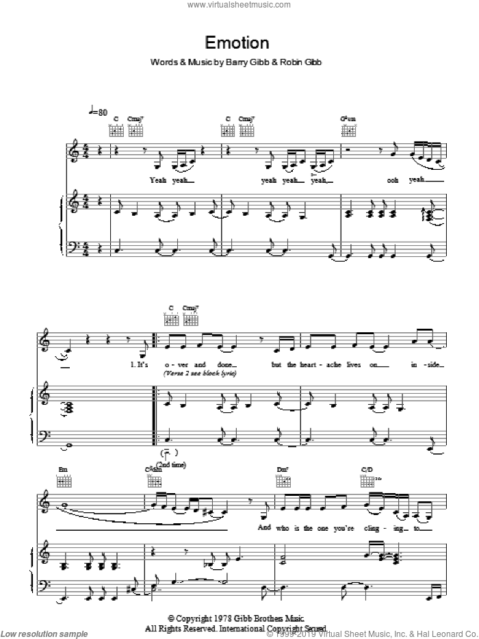 Emotion sheet music for voice and piano by Destiny's Child, Barry Gibb and Robin Gibb, intermediate skill level