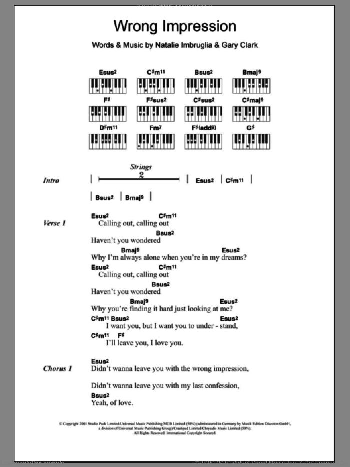 Wrong Impression sheet music for piano solo (chords, lyrics, melody) by Natalie Imbruglia and Gary Clark, intermediate piano (chords, lyrics, melody)
