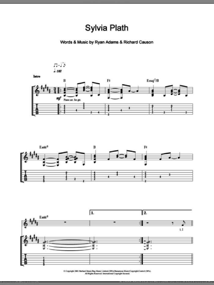 Sylvia Plath sheet music for guitar (tablature) by Ryan Adams and Richard Causon, intermediate skill level