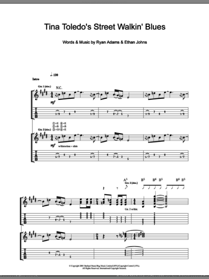 Tina Toledo's Street Walkin' Blues sheet music for guitar (tablature) by Ryan Adams and Ethan Johns, intermediate skill level