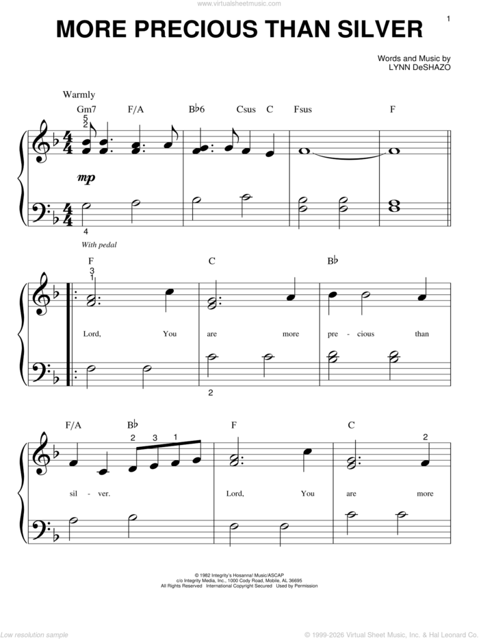 More Precious Than Silver sheet music for piano solo (big note book) by Lynn DeShazo, easy piano (big note book)