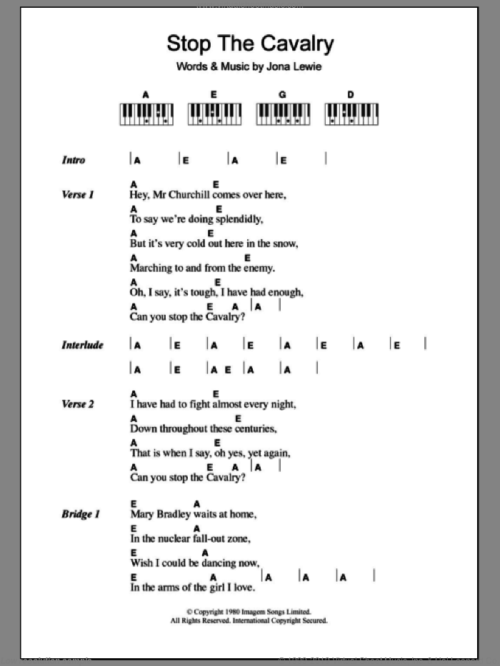 Stop The Cavalry, (intermediate) sheet music for piano solo (chords, lyrics, melody) by Jona Lewie, intermediate piano (chords, lyrics, melody)