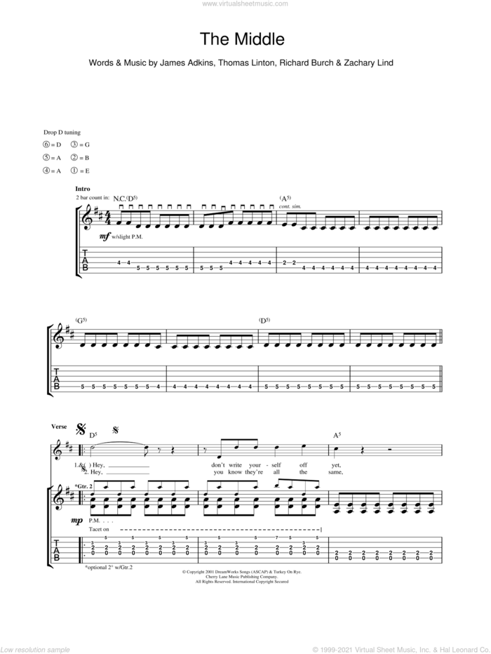 The Middle sheet music for guitar (tablature) by Jimmy Eat World, James Adkins, Richard Burch, Thomas Linton and Zachary Lind, intermediate skill level