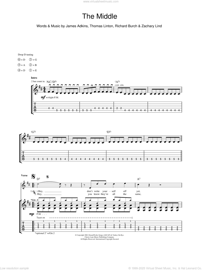 The Middle sheet music for guitar (tablature) by Jimmy Eat World, James Adkins, Richard Burch, Thomas Linton and Zachary Lind, intermediate skill level