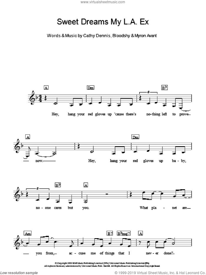 Sweet Dreams My L.A. Ex sheet music for piano solo (chords, lyrics, melody) by Rachel Stevens, Bloodshy, Cathy Dennis and Myron Avant, intermediate piano (chords, lyrics, melody)