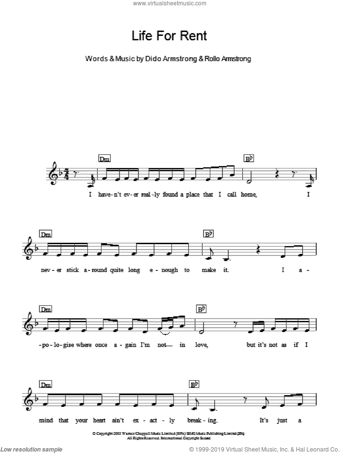 Life For Rent sheet music for piano solo (chords, lyrics, melody) by Dido Armstrong and Rollo Armstrong, intermediate piano (chords, lyrics, melody)