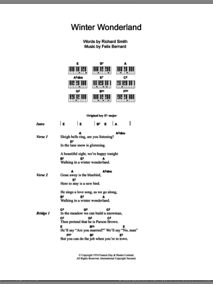 Winter Wonderland sheet music for piano solo (chords, lyrics, melody) by Johnny Mathis, Felix Bernard and Richard Smith, intermediate piano (chords, lyrics, melody)