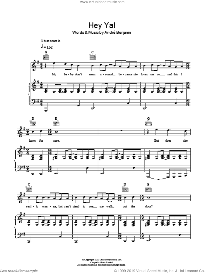 Hey Ya! sheet music for voice, piano or guitar by OutKast and Andre Benjamin, intermediate skill level
