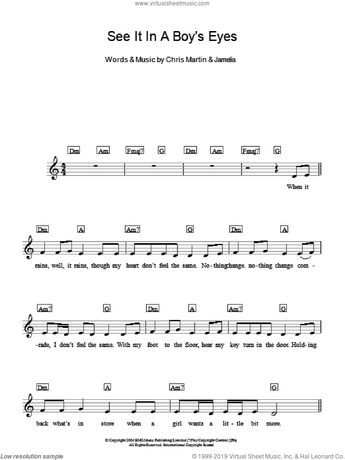See It In A Boy's Eyes sheet music for piano solo (chords, lyrics, melody) by Jamelia and Chris Martin, intermediate piano (chords, lyrics, melody)