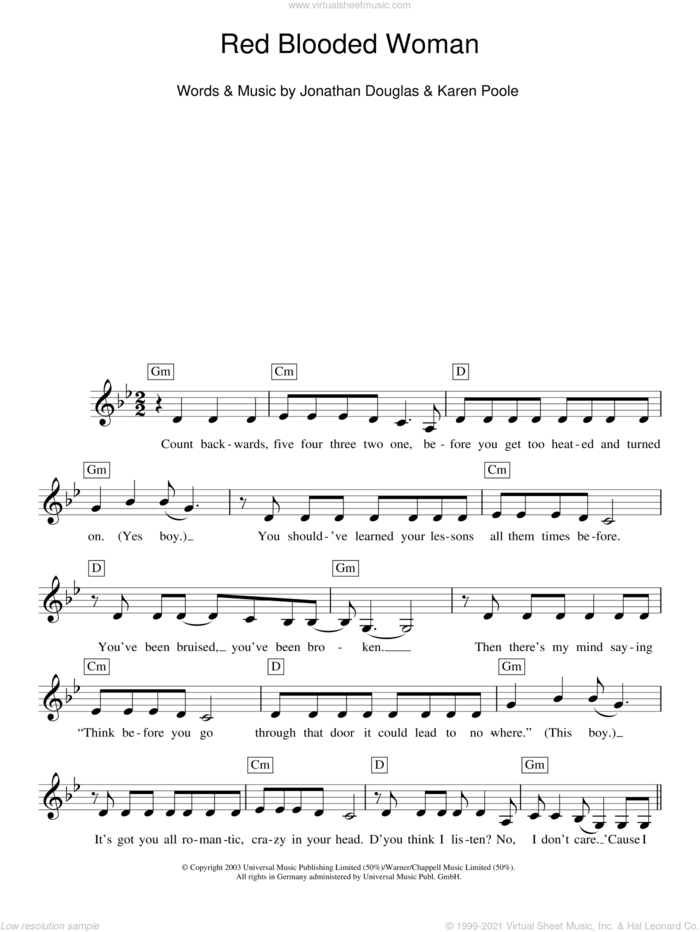 Red Blooded Woman sheet music for piano solo (chords, lyrics, melody) by Kylie Minogue, Jonathan Douglas and Karen Poole, intermediate piano (chords, lyrics, melody)