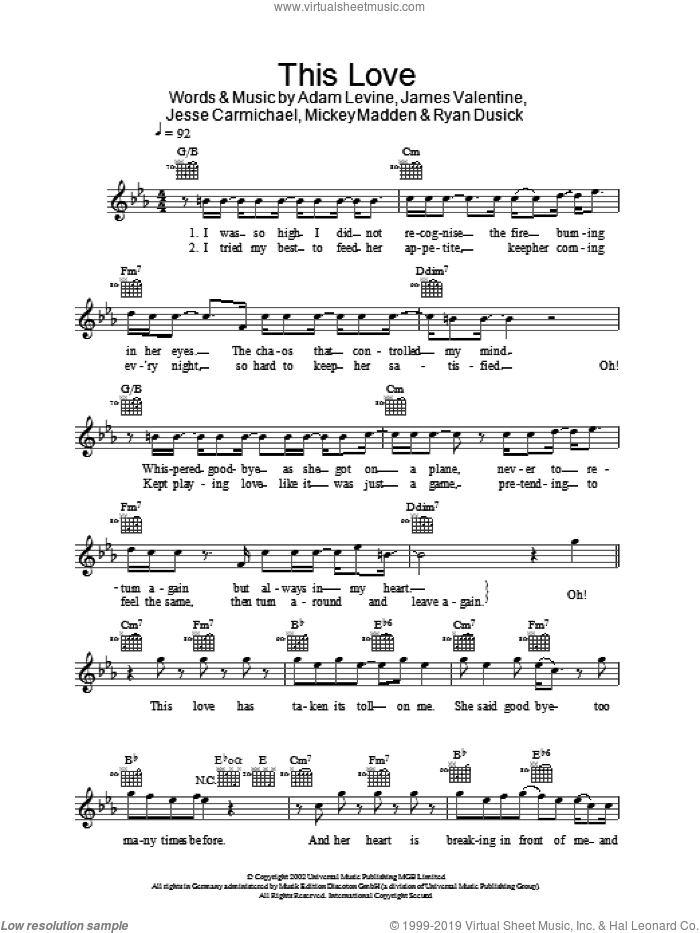 This Love sheet music for voice and other instruments (fake book) by Maroon 5, Adam Levine, James Valentine, Jesse Carmichael, Michael Madden and Ryan Dusick, intermediate skill level