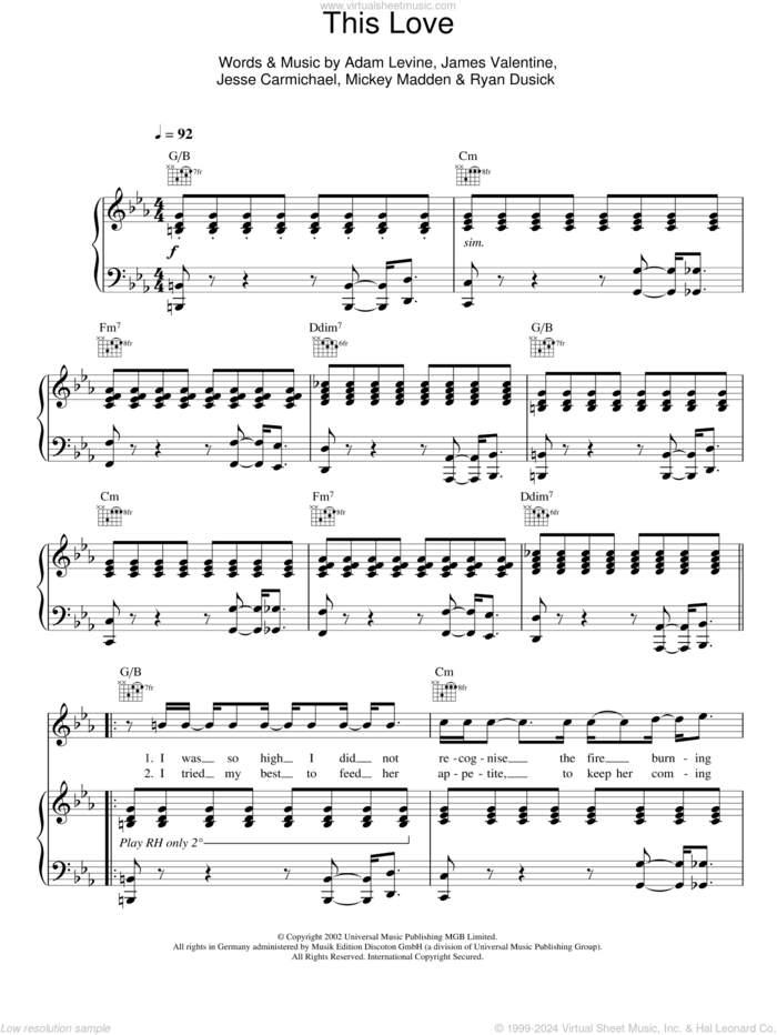 This Love sheet music for voice, piano or guitar by Maroon 5, Adam Levine, James Valentine, Jesse Carmichael, Michael Madden and Ryan Dusick, intermediate skill level