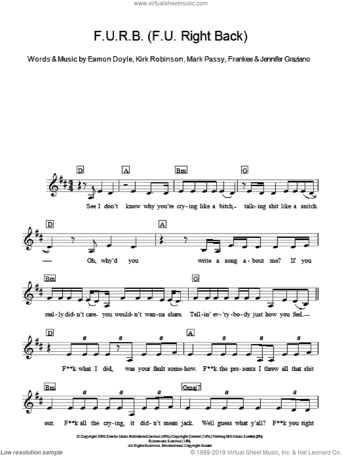 F.U.R.B. (F.U. Right Back) sheet music for piano solo (chords, lyrics, melody) by Frankee, Eamon Doyle, Jennifer Graziano, Kirk Robinson and Mark Passy, intermediate piano (chords, lyrics, melody)