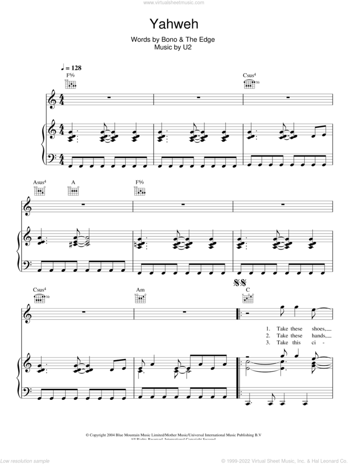 Yahweh sheet music for voice, piano or guitar by U2, Bono and The Edge, intermediate skill level