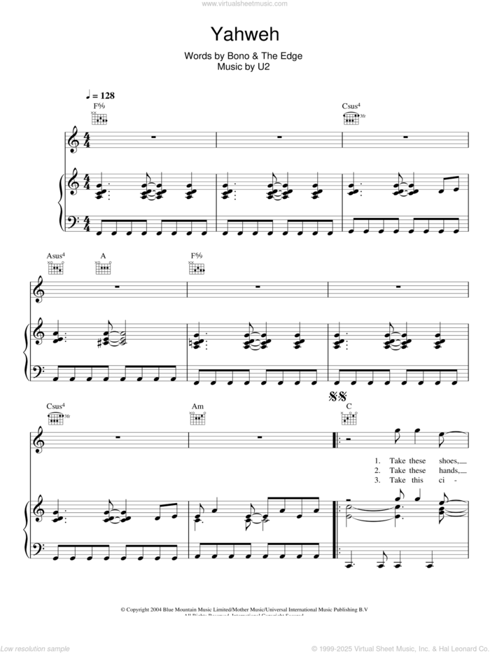 Yahweh sheet music for voice, piano or guitar by U2, Bono and The Edge, intermediate skill level