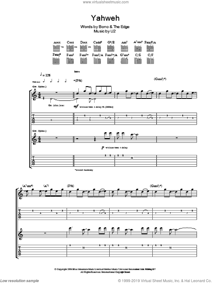 Yahweh sheet music for guitar (tablature) by U2, Bono and The Edge, intermediate skill level