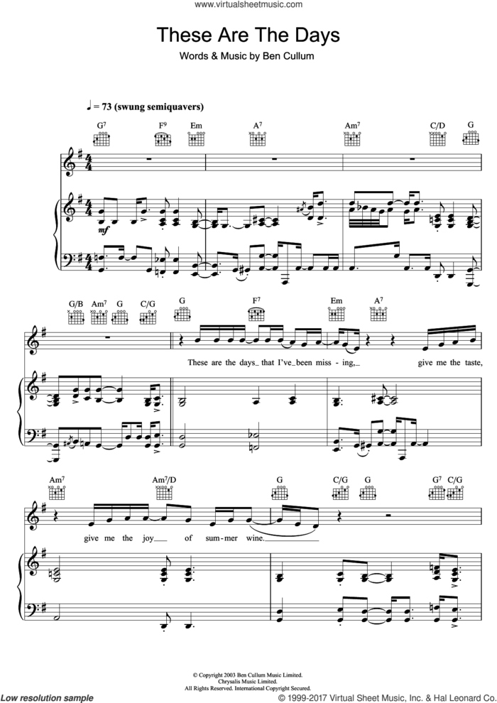 These Are The Days sheet music for voice, piano or guitar by Jamie Cullum and Ben Cullum, intermediate skill level