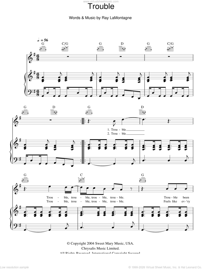 Trouble sheet music for voice, piano or guitar by Ray LaMontagne, intermediate skill level
