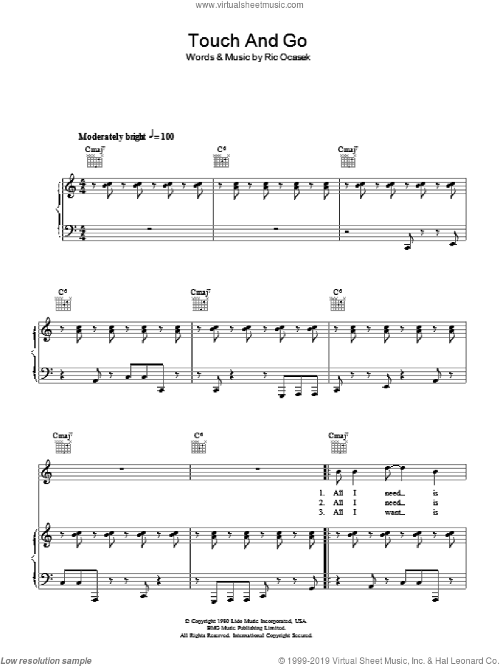 Touch And Go sheet music for voice, piano or guitar by The Cars and Ric Ocasek, intermediate skill level