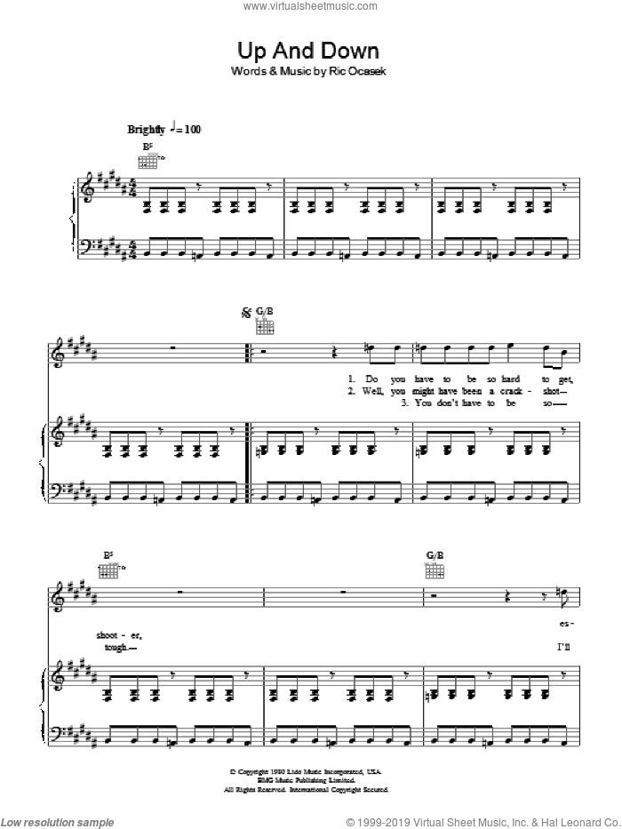 Up And Down sheet music for voice, piano or guitar by The Cars and Ric Ocasek, intermediate skill level