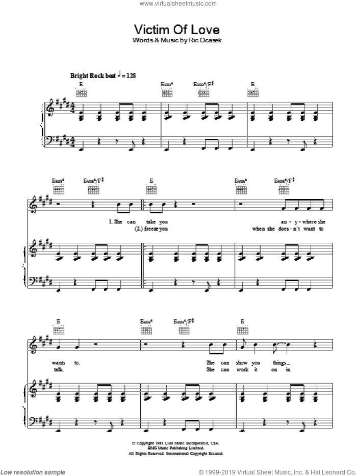 Victim Of Love sheet music for voice, piano or guitar by The Cars and Ric Ocasek, intermediate skill level