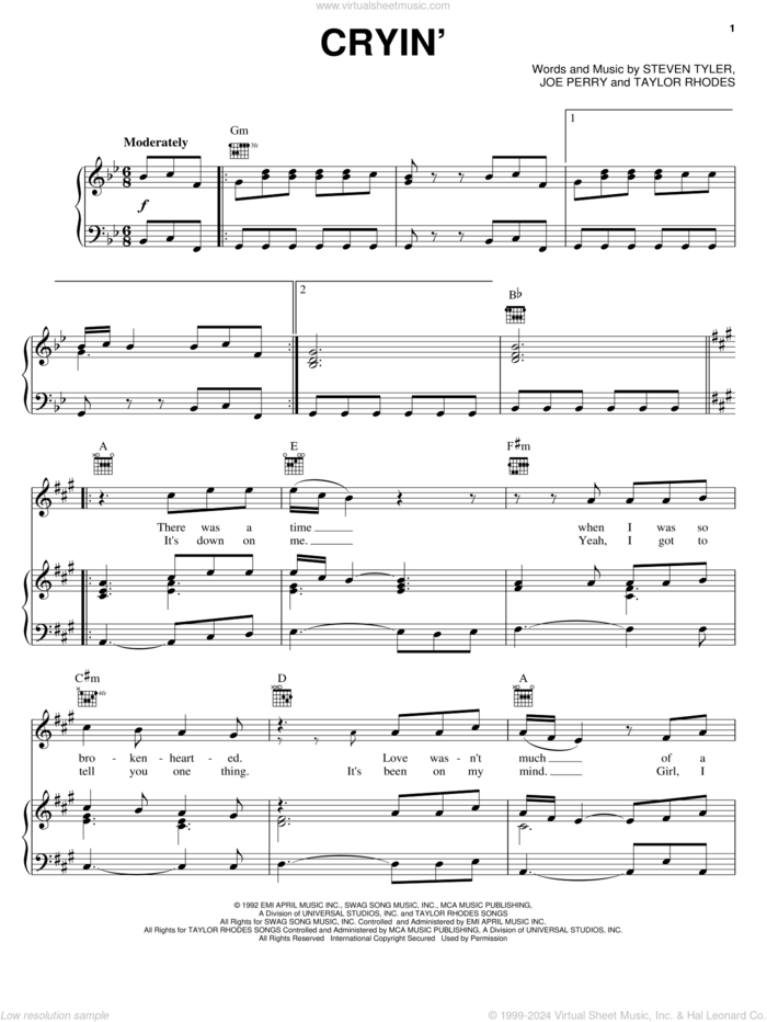 Cryin' sheet music for voice, piano or guitar by Aerosmith, Joe Perry, Steven Tyler and Taylor Rhodes, intermediate skill level