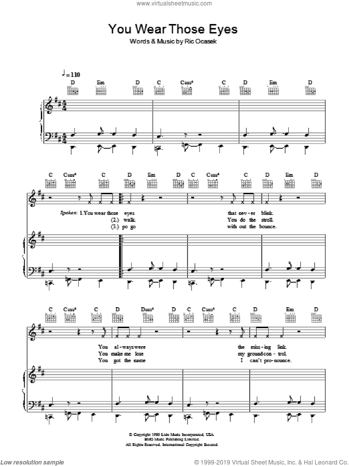You Wear Those Eyes sheet music for voice, piano or guitar by The Cars and Ric Ocasek, intermediate skill level
