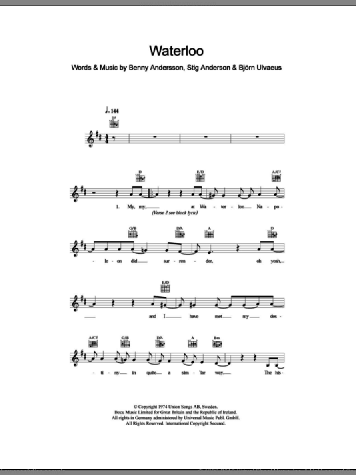 Waterloo sheet music for voice and other instruments (fake book) by ABBA, Benny Andersson, Bjorn Ulvaeus and Stig Anderson, intermediate skill level
