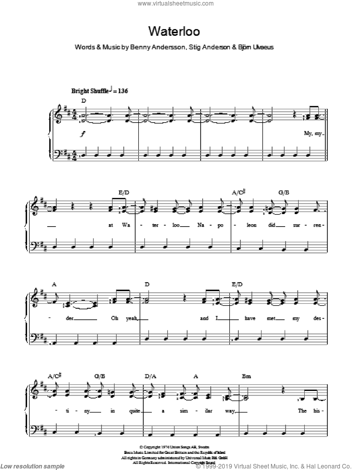Waterloo sheet music for voice and piano by ABBA, Benny Andersson, Bjorn Ulvaeus and Stig Anderson, intermediate skill level