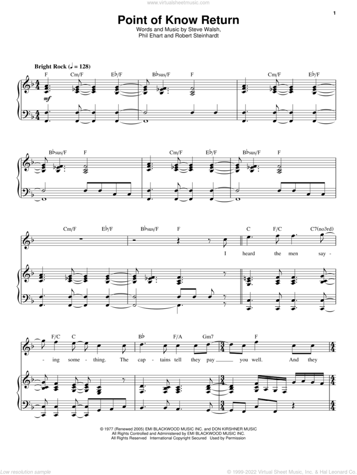 Point Of Know Return sheet music for voice and piano by Kansas, Phil Ehart, Robert Steinhardt and Steve Walsh, intermediate skill level